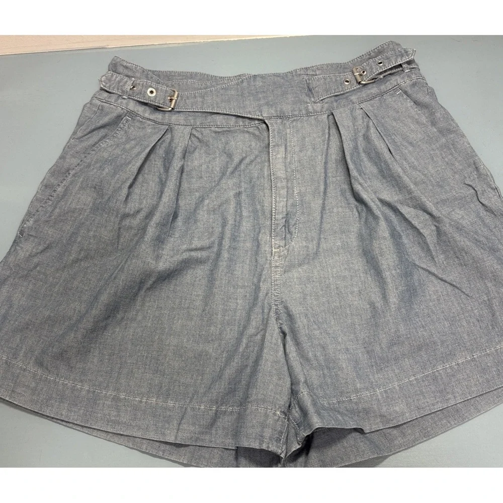 Ralph Lauren Sz 14 Pleated Chambray High Rise Adjustable Cross Belted Mom Shorts